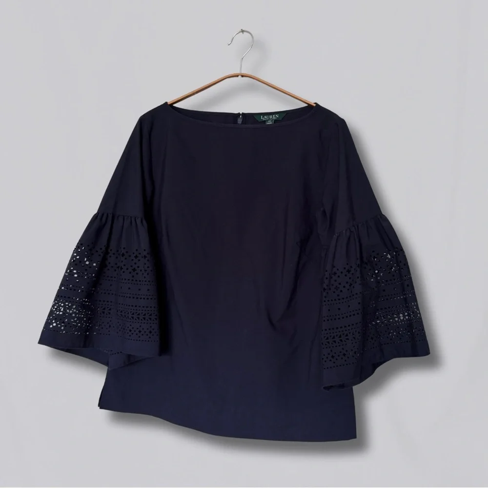 Lauren Ralph Lauren Navy Blouse with Eyelet Sleeves - Picture 1 of 4